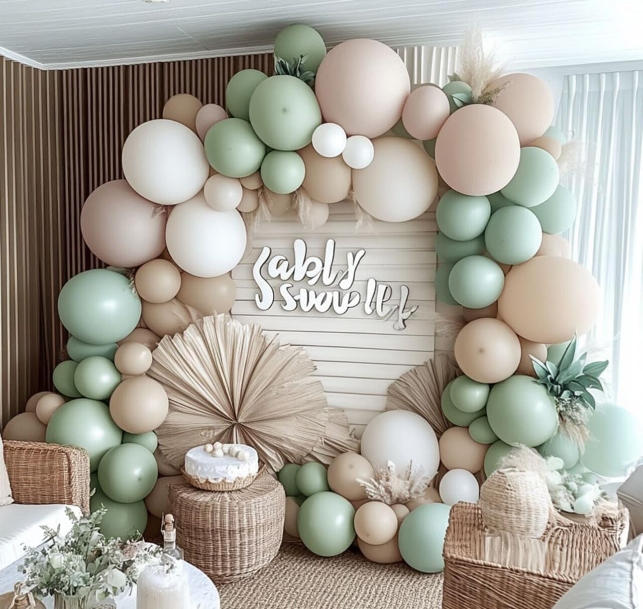 Sage Green & White Balloon Garland – Double Stuffed Neutral Balloons for Boho Baby, Bridal Shower & Birthday Decor